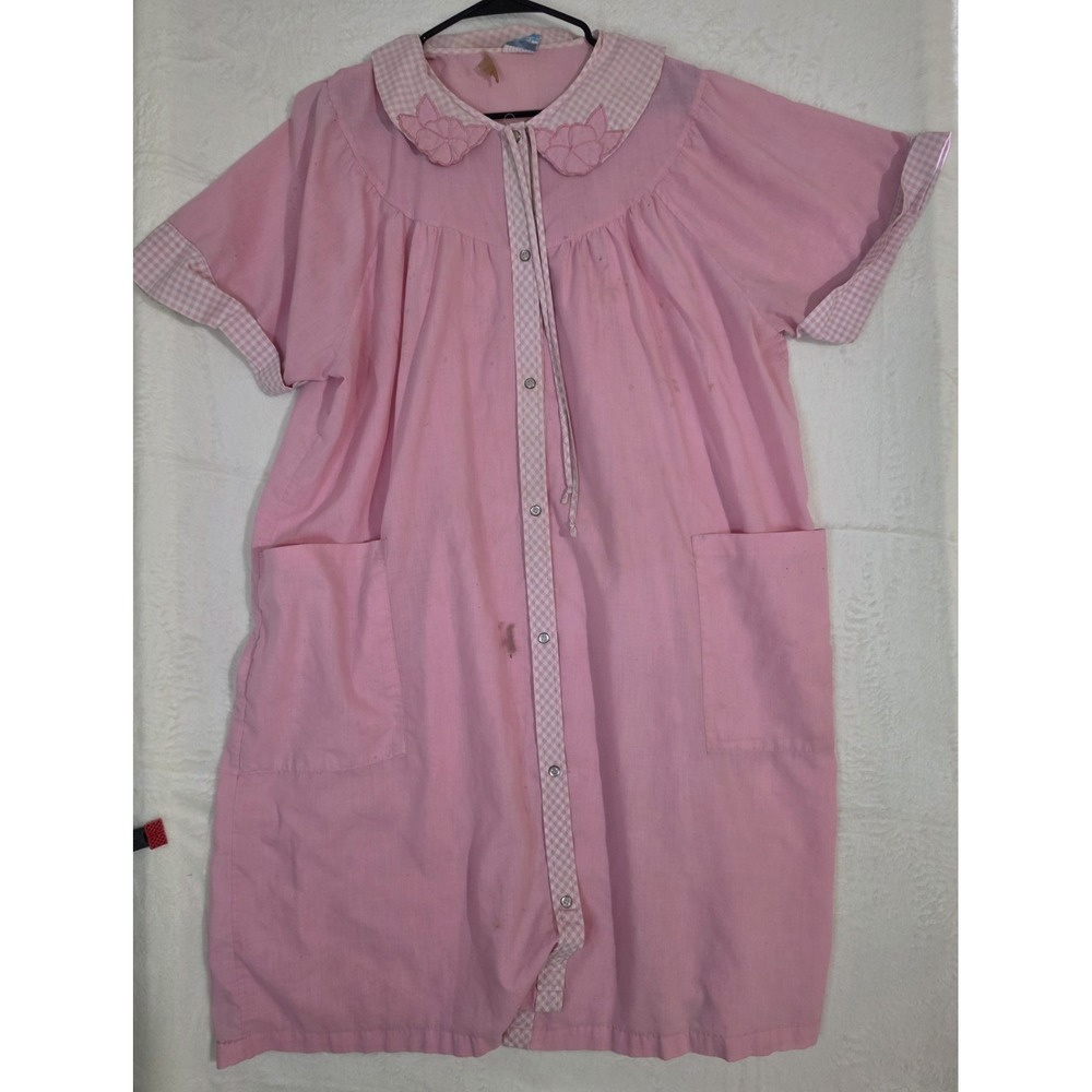 Vintage Pink House Dress Duster Robe Floral Gingham Collar Cottagecore Pockets